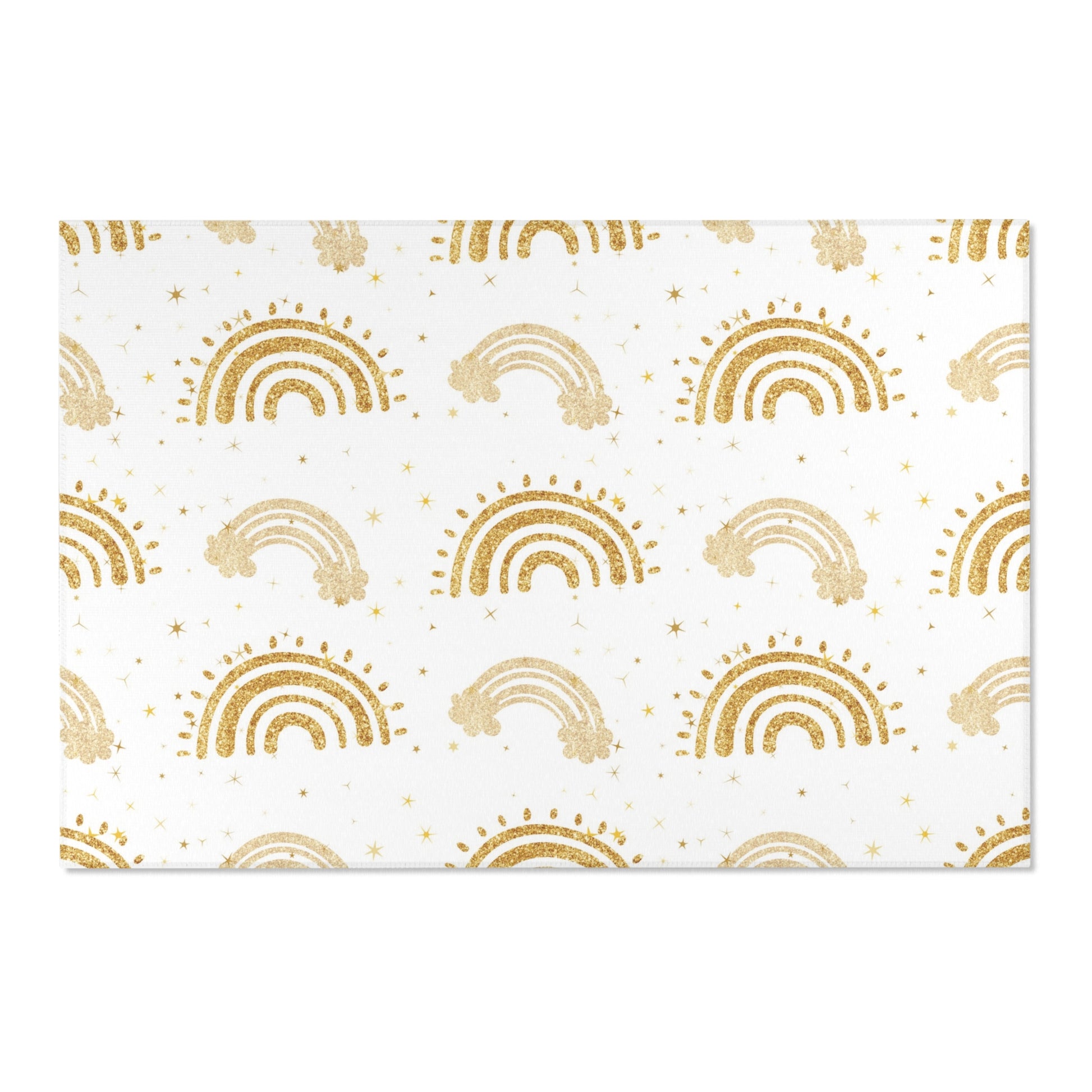 Low pile nursery rug with gold rainbow arches and stars