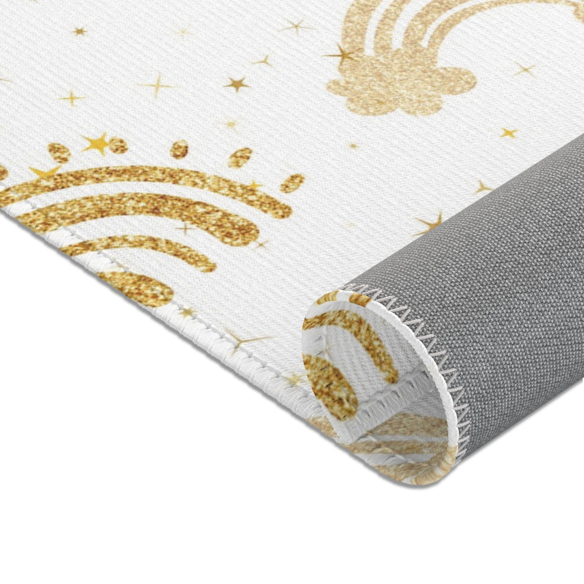Corner detail of the Golden Arches nursery area rug