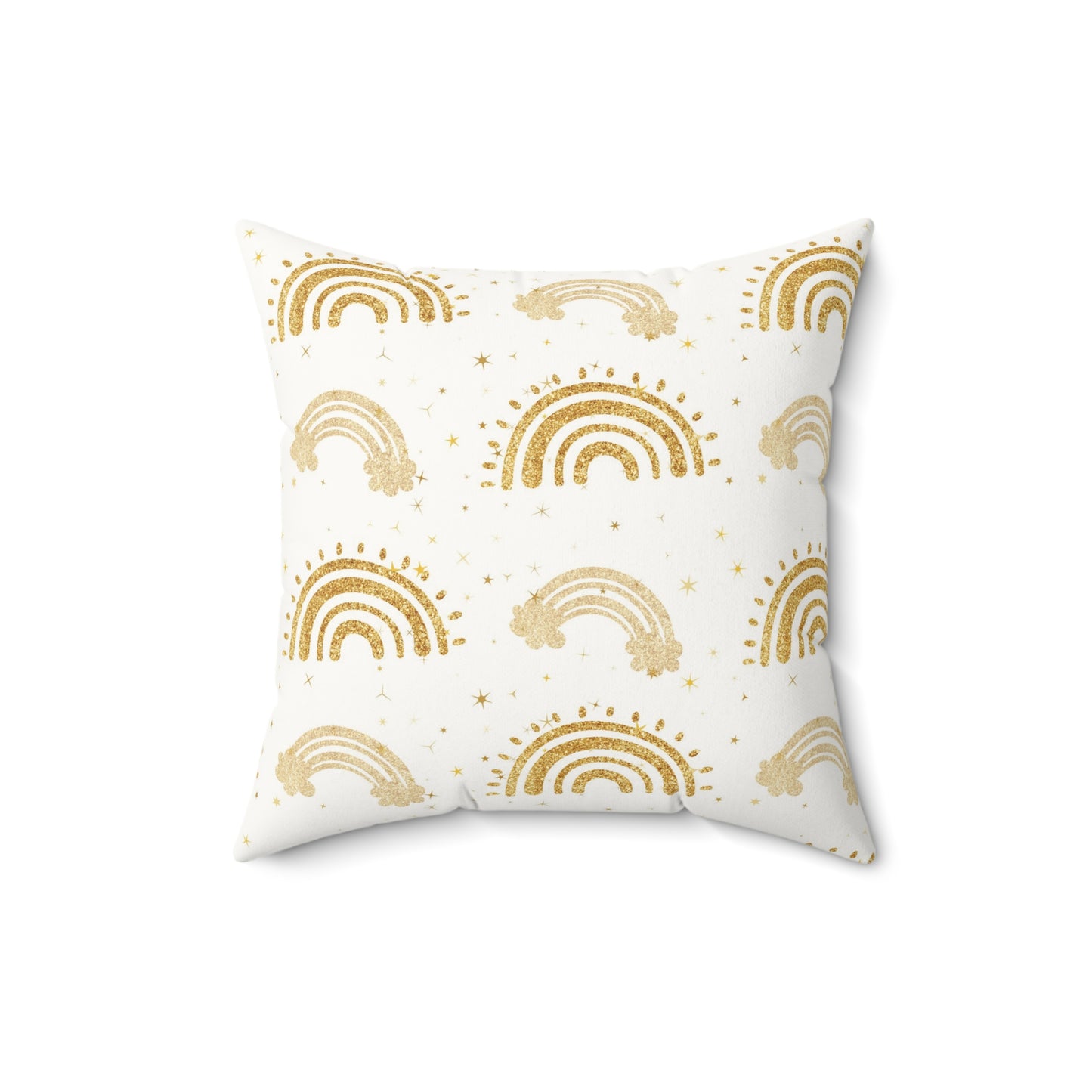 Faux suede nursery pillow with gold rainbows and stars