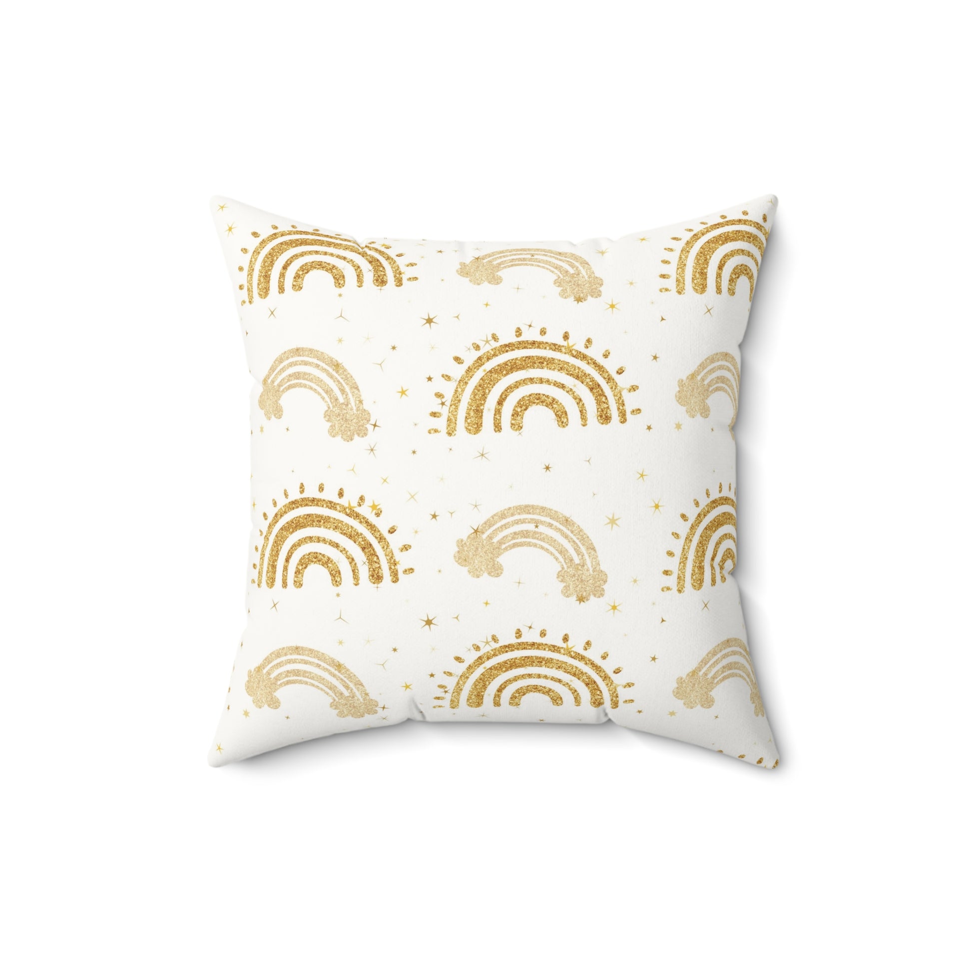 Faux suede nursery pillow with gold rainbows and stars