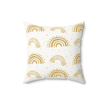 Faux suede nursery pillow with gold rainbows and stars