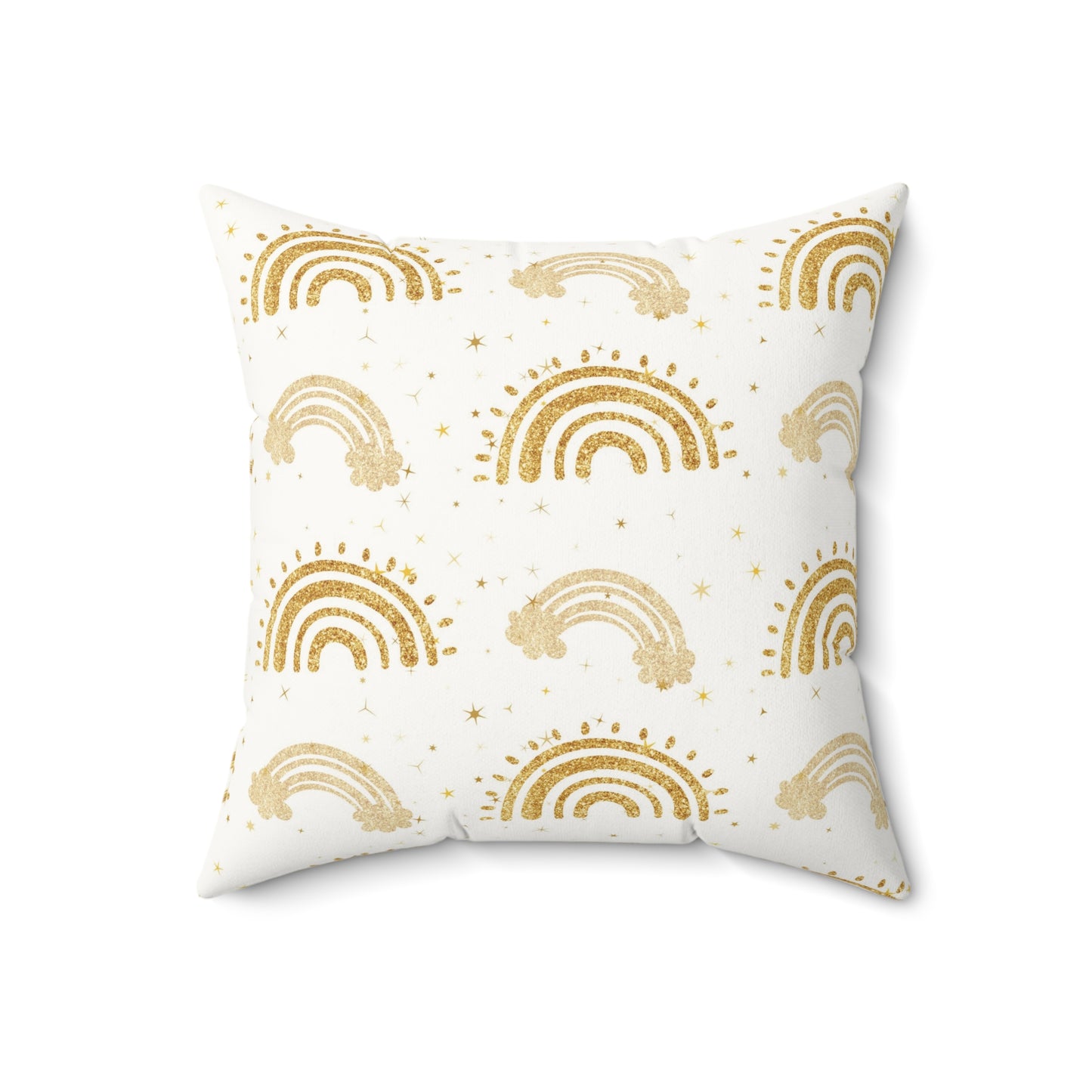 Close detail of the gold arch print on the faux suede pillow