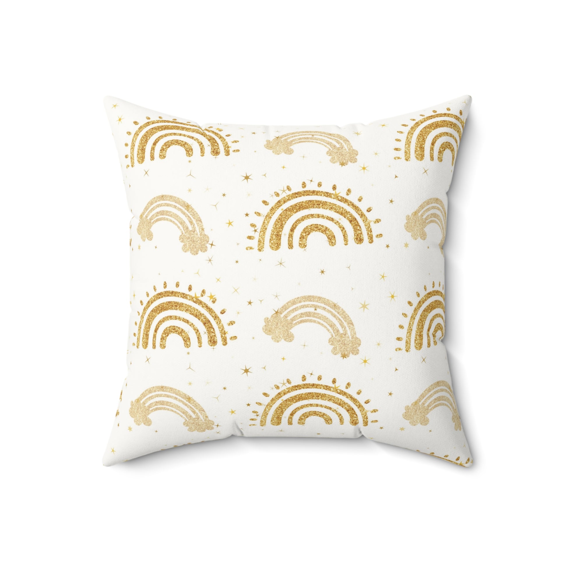 Close detail of the gold arch print on the faux suede pillow