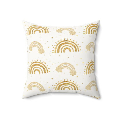 Close detail of the gold arch print on the faux suede pillow