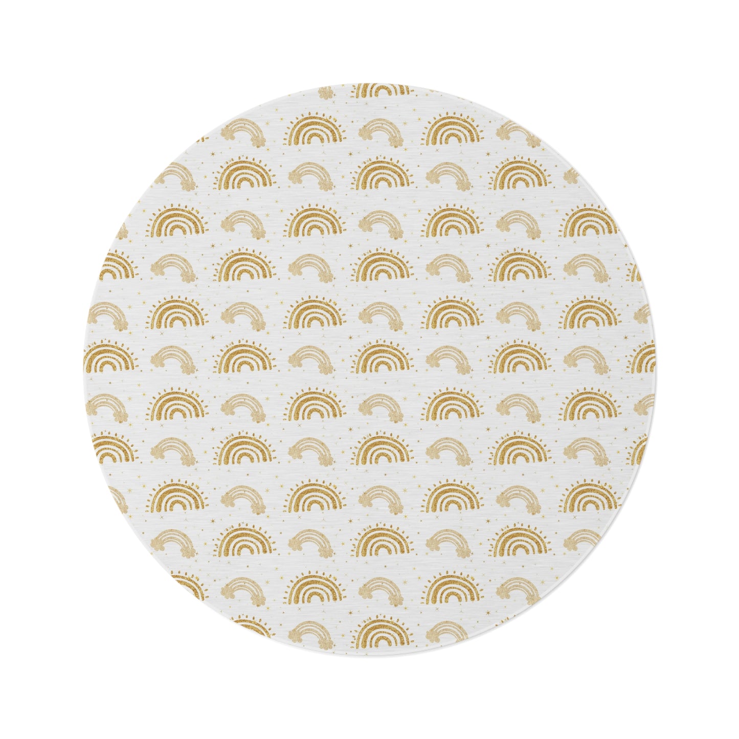 Golden Arches round nursery rug on a baby room floor