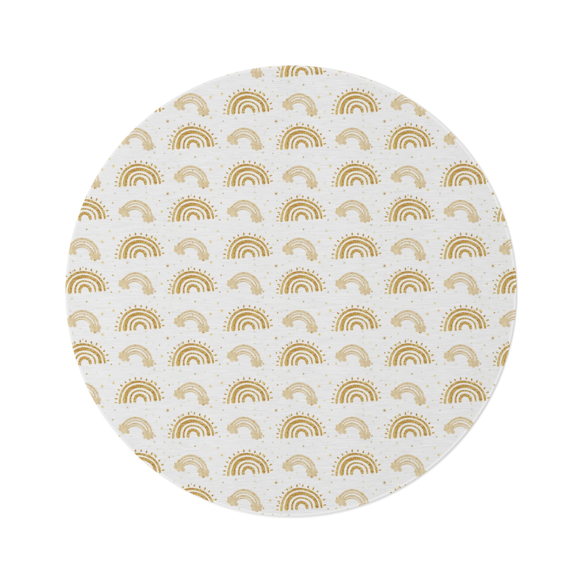 Golden Arches round nursery rug on a baby room floor