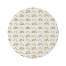 Golden Arches round nursery rug on a baby room floor