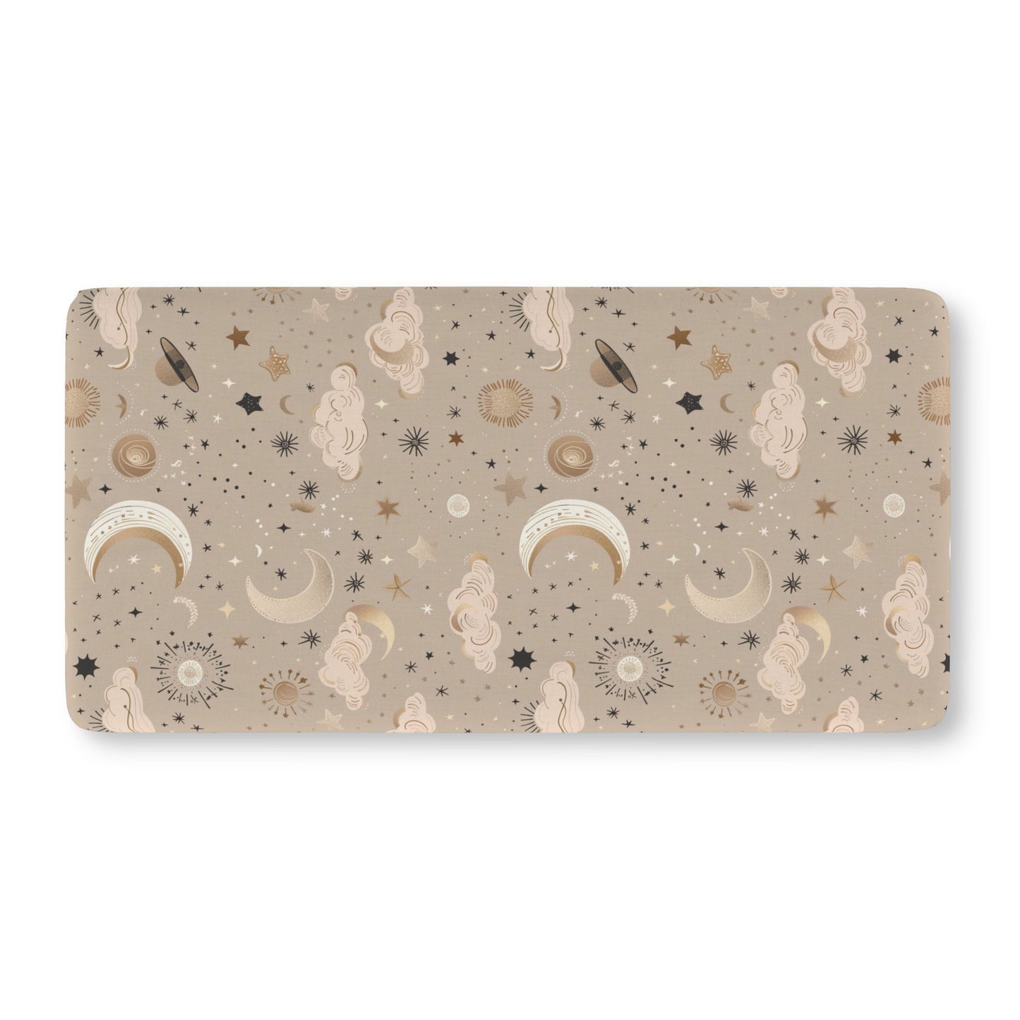 Fitted crib sheet with gold moons, suns and stars on taupe
