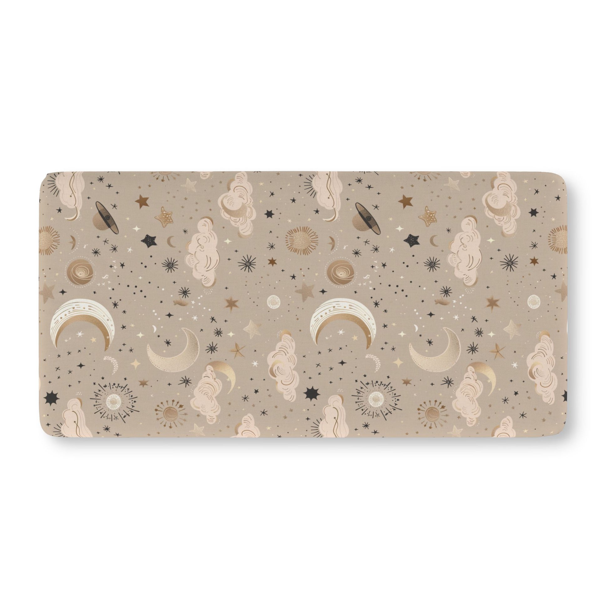 Fitted crib sheet with gold moons, suns and stars on taupe