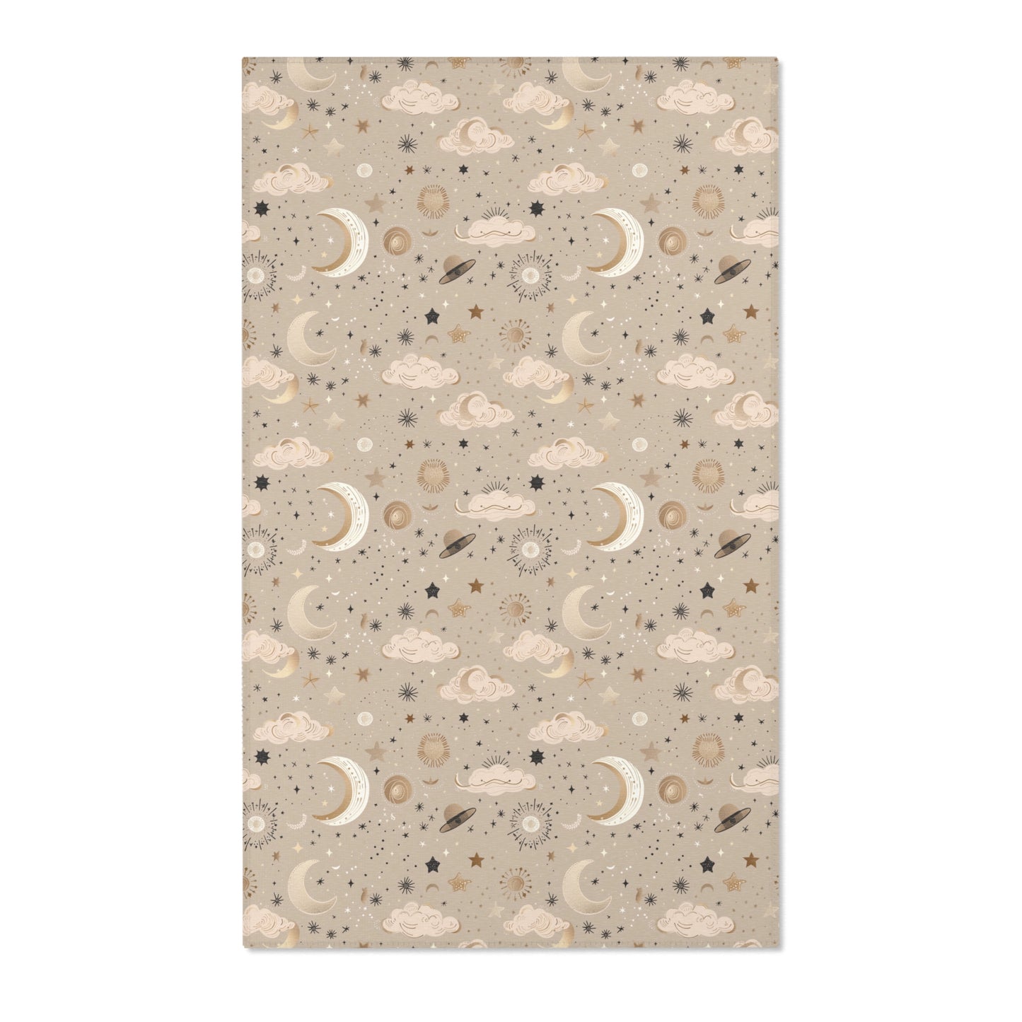 Celestial nursery area rug in gold and cream on warm taupe