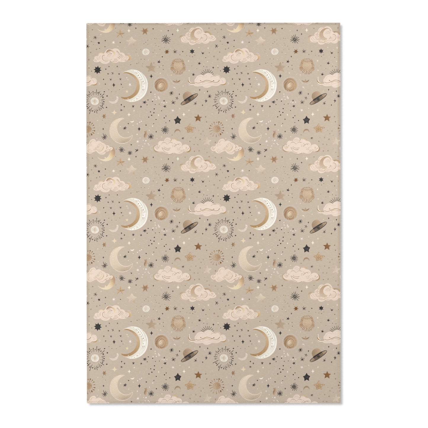 Close detail of the moons and suns on the nursery area rug