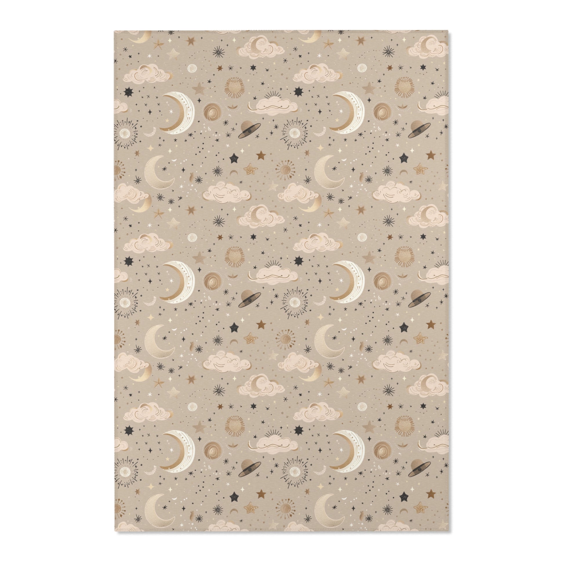 Close detail of the moons and suns on the nursery area rug