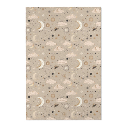 Close detail of the moons and suns on the nursery area rug