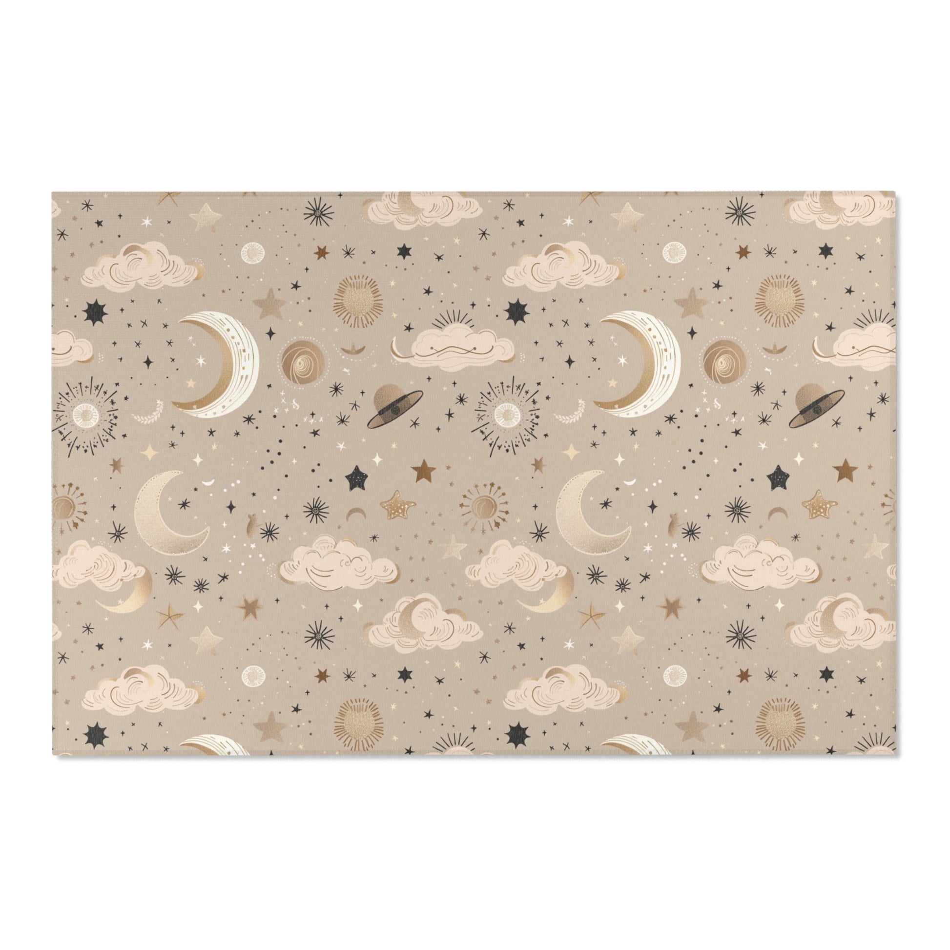 Low pile nursery rug with gold celestial motifs on taupe