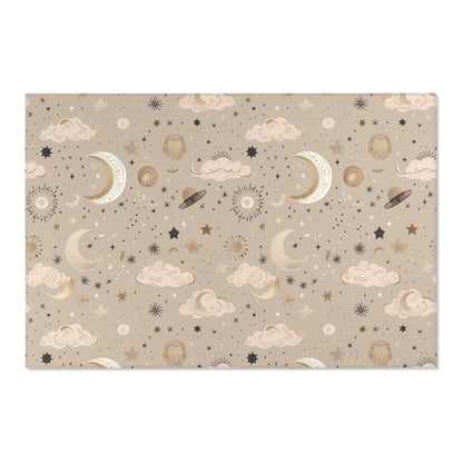 Low pile nursery rug with gold celestial motifs on taupe