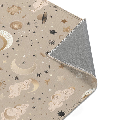 Golden Cosmos nursery rug pattern shown flat