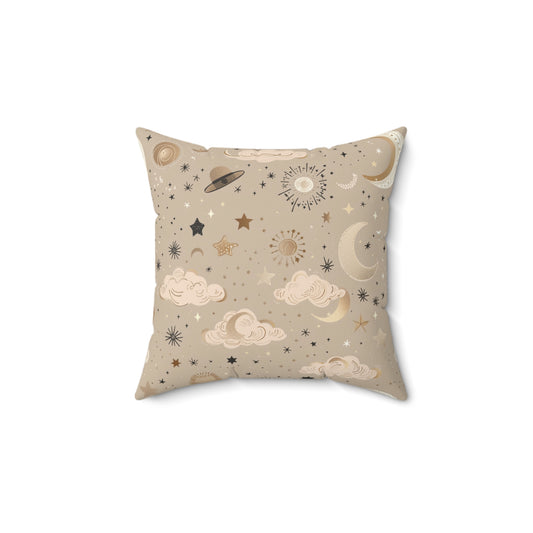 Golden Cosmos decorative nursery pillow on a glider chair