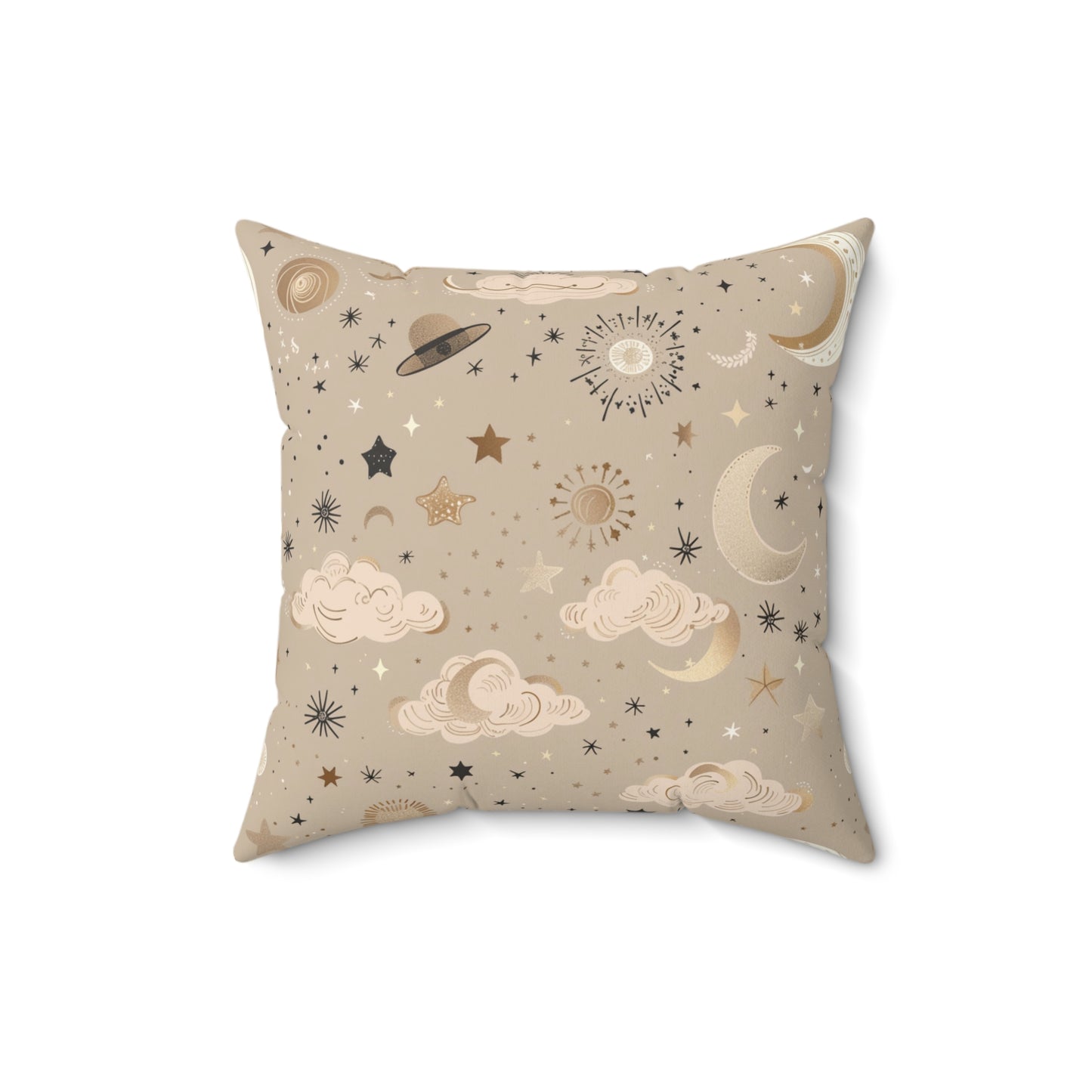 Faux suede nursery pillow with gold moons, suns and stars