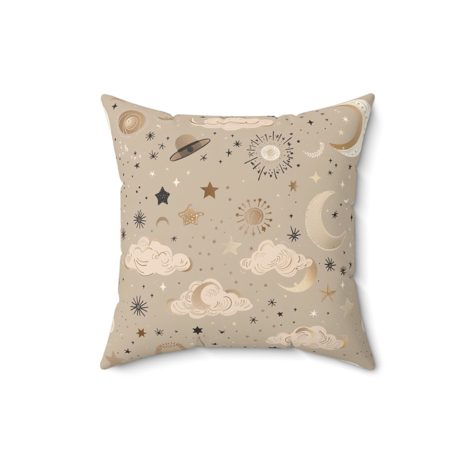 Faux suede nursery pillow with gold moons, suns and stars