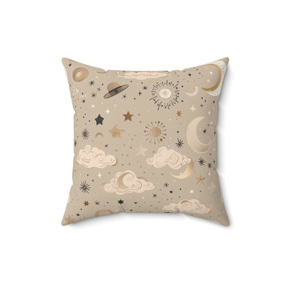 Faux suede nursery pillow with gold moons, suns and stars