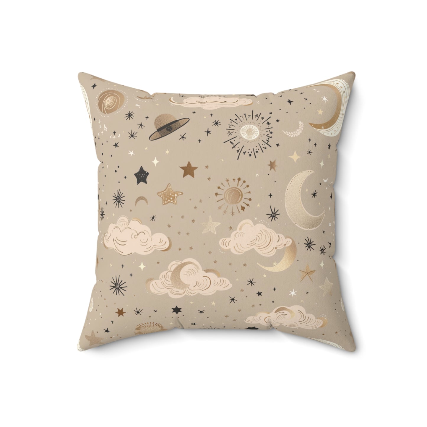 Close detail of the engraved sun motif on the faux suede pillow