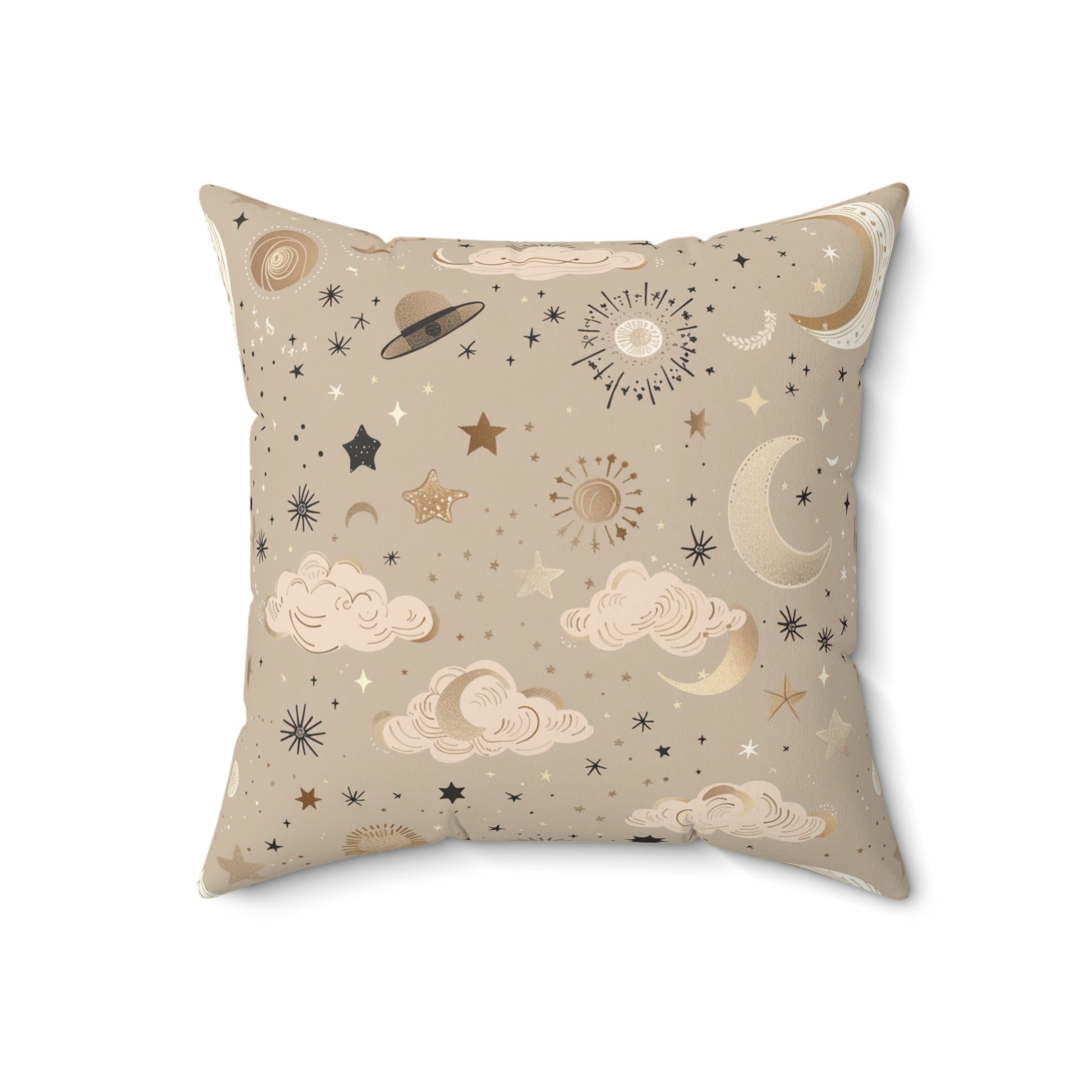 Close detail of the engraved sun motif on the faux suede pillow