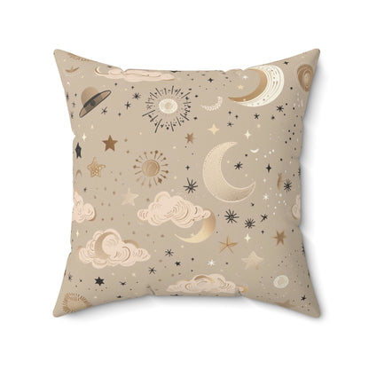 Faux suede pillow with crescent moons and ringed planets