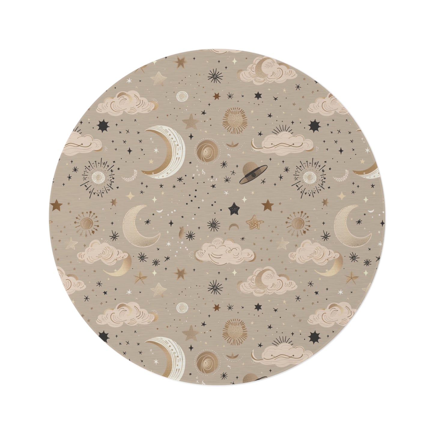 Golden Cosmos round nursery rug on a baby room floor