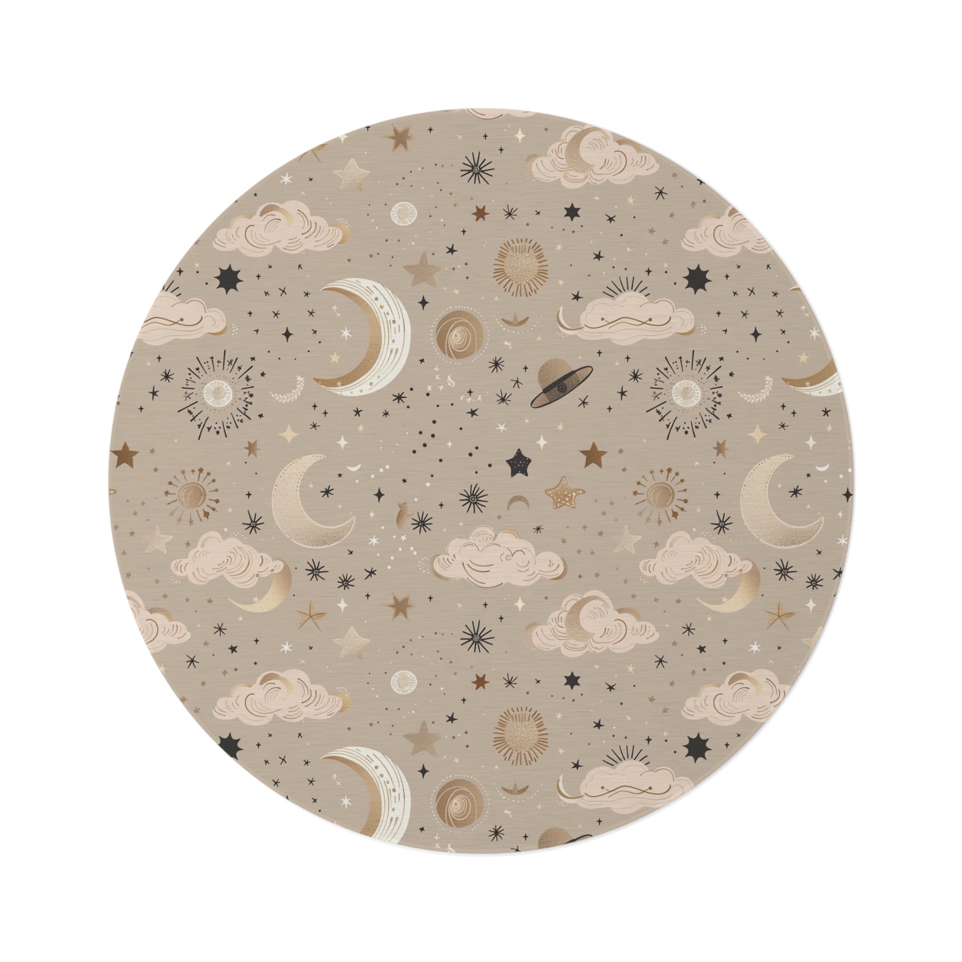 Golden Cosmos round nursery rug on a baby room floor