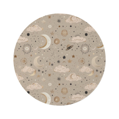 Golden Cosmos round nursery rug on a baby room floor