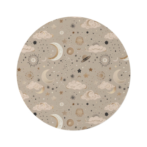 Golden Cosmos round nursery rug on a baby room floor