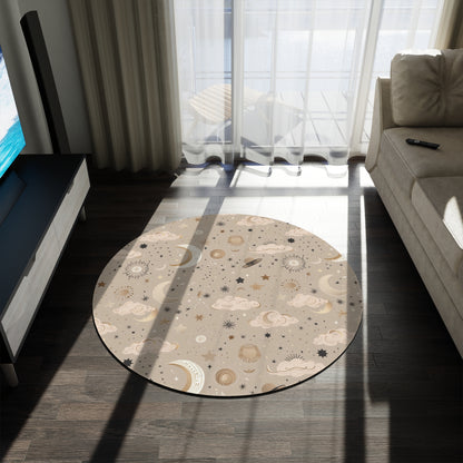 Close detail of the celestial print on the round nursery rug