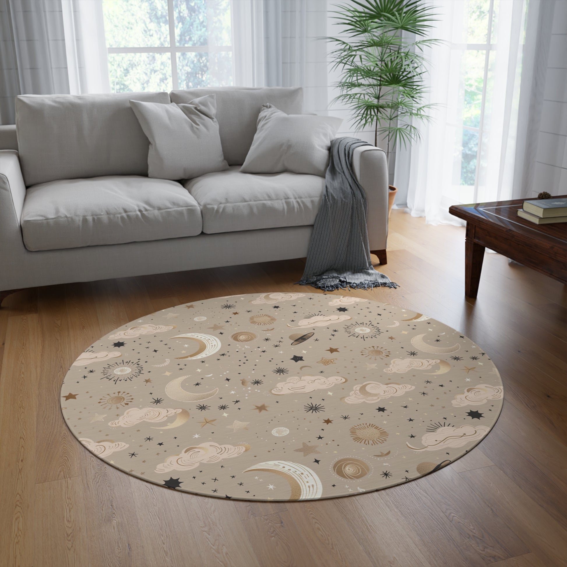 Golden Cosmos round rug, 60 inches across, in gold and taupe