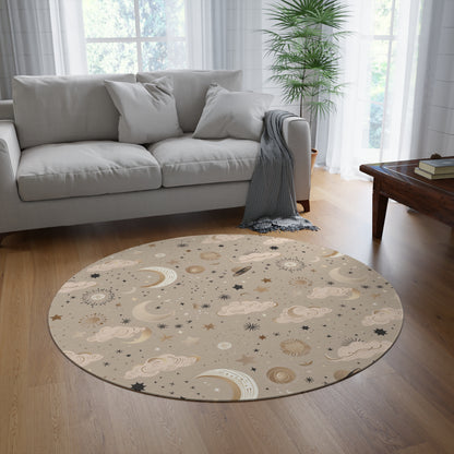 Golden Cosmos round rug, 60 inches across, in gold and taupe