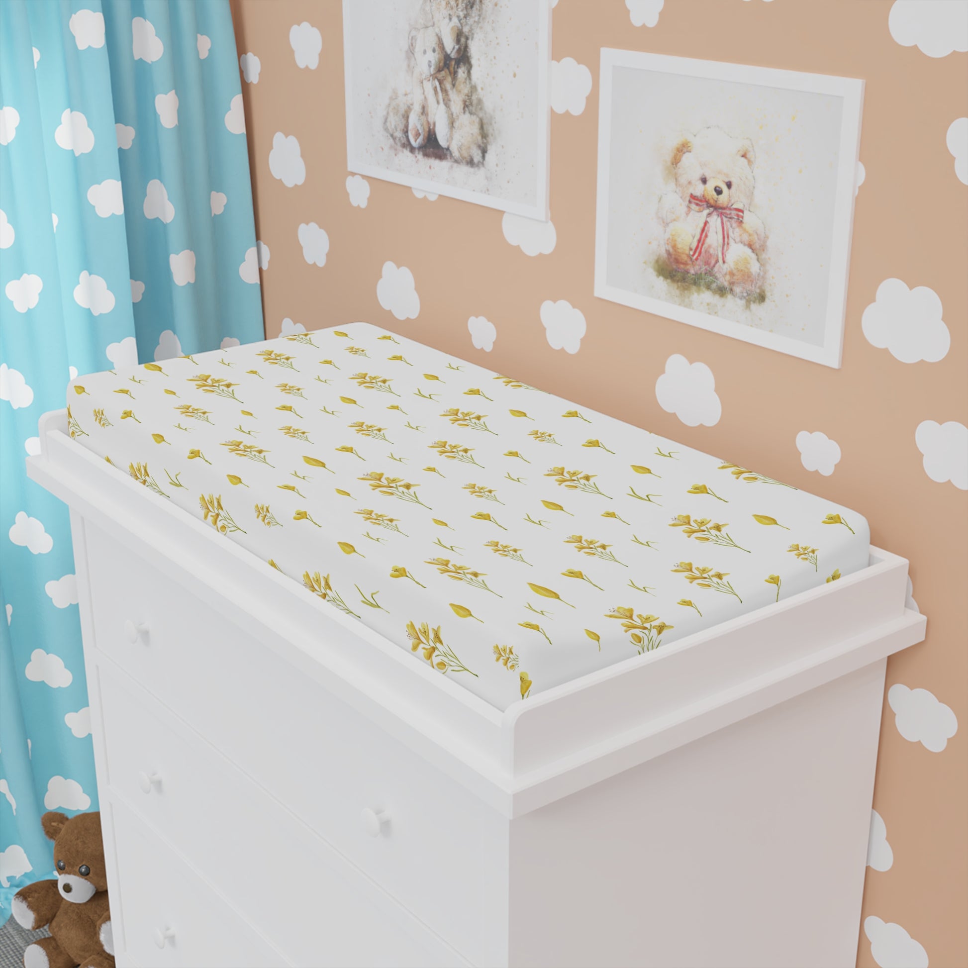 Close detail of the Golden Meadow print on the changing pad cover