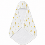 Golden Meadow hooded baby towel wrapped around a baby