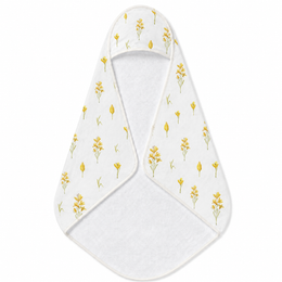 Golden Meadow hooded baby towel wrapped around a baby