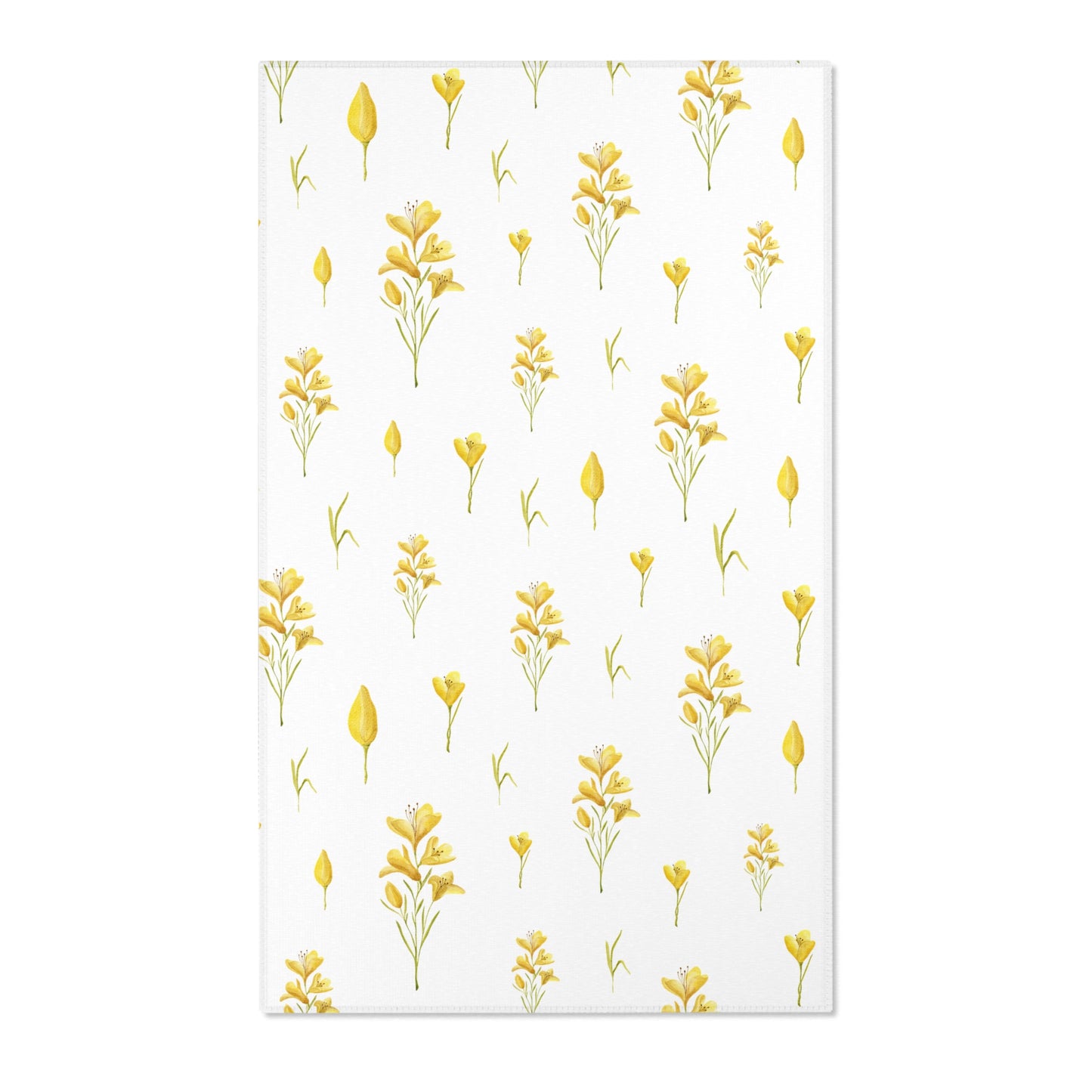 Mustard yellow floral nursery area rug on pale linen