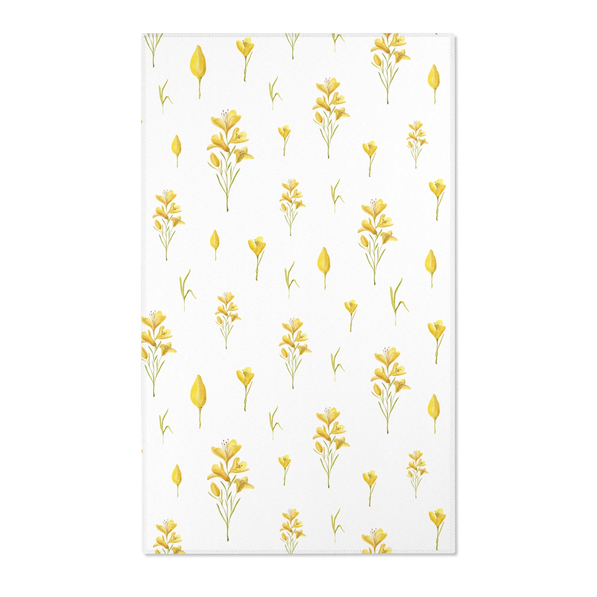 Mustard yellow floral nursery area rug on pale linen