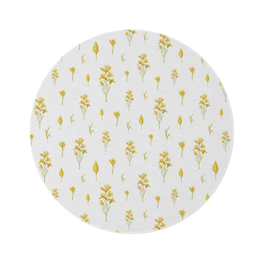 Golden Meadow round nursery rug on a baby room floor