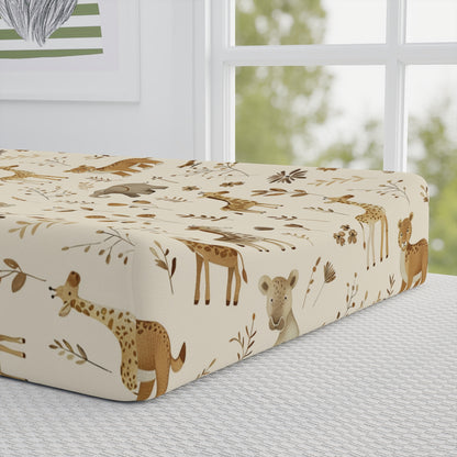 Close detail of the Golden Savanna print on the changing pad cover