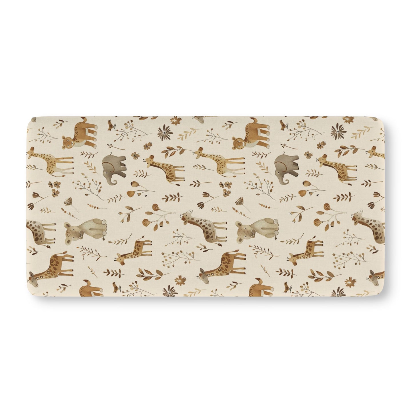 Fitted crib sheet with tan giraffes and elephants on cream