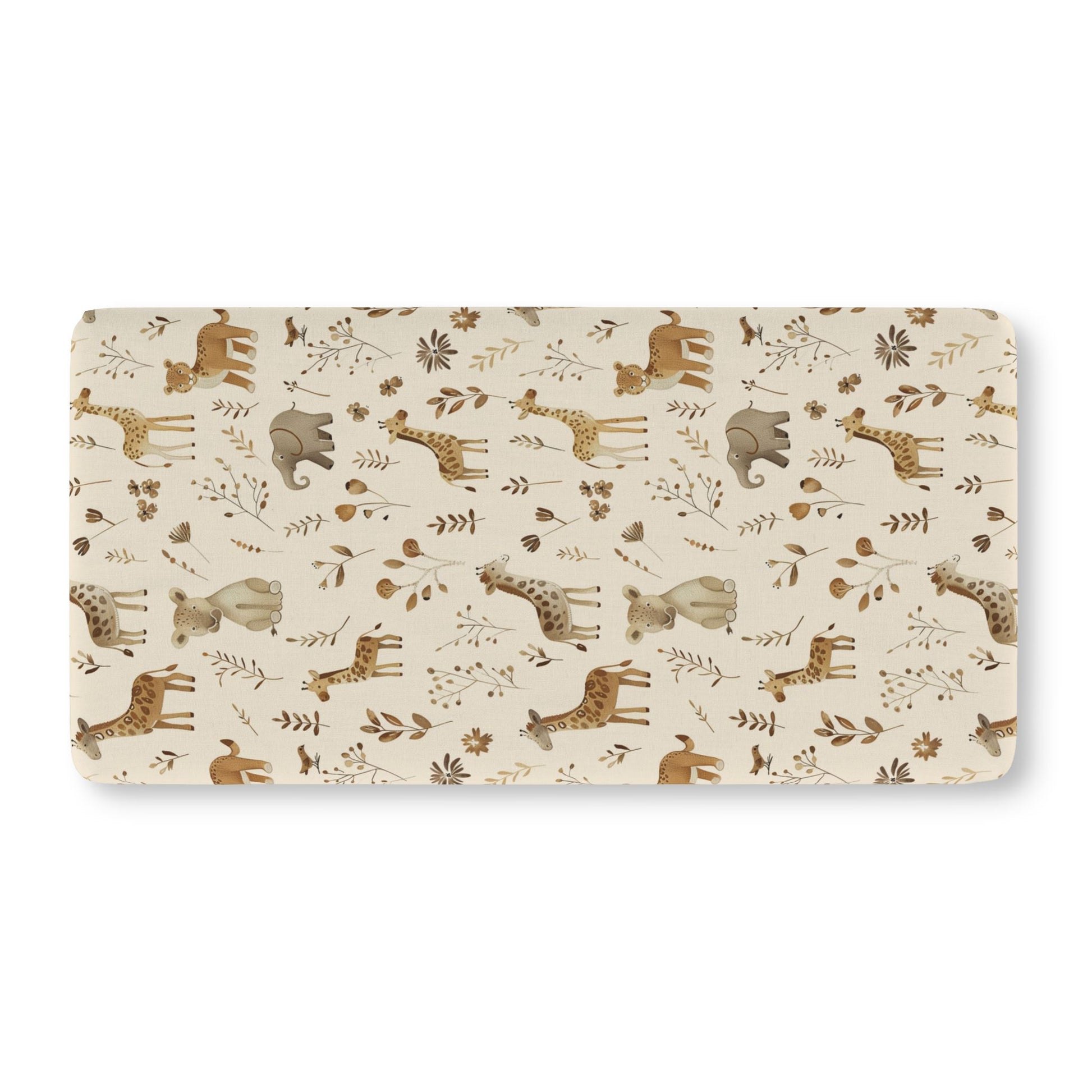 Fitted crib sheet with tan giraffes and elephants on cream