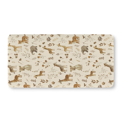 Fitted crib sheet with tan giraffes and elephants on cream