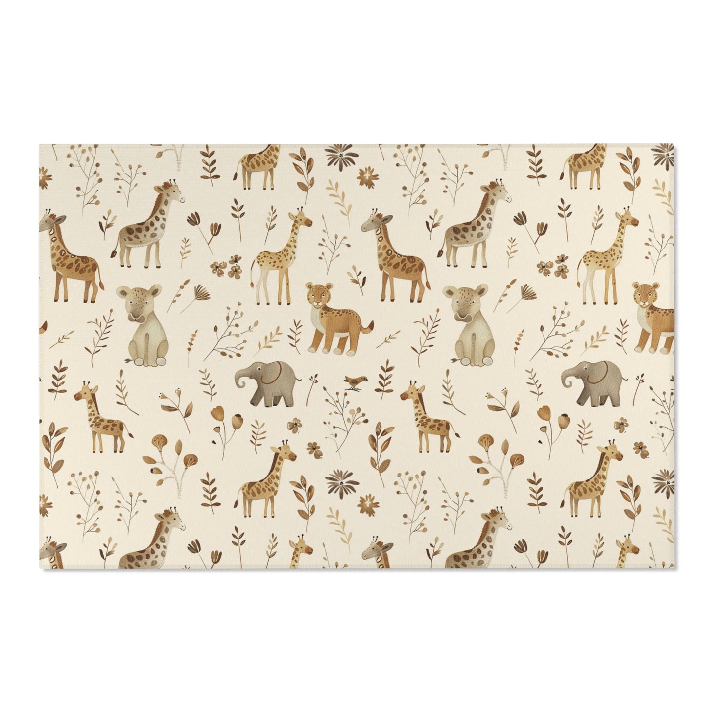 Low pile nursery rug with giraffes, elephants and cubs