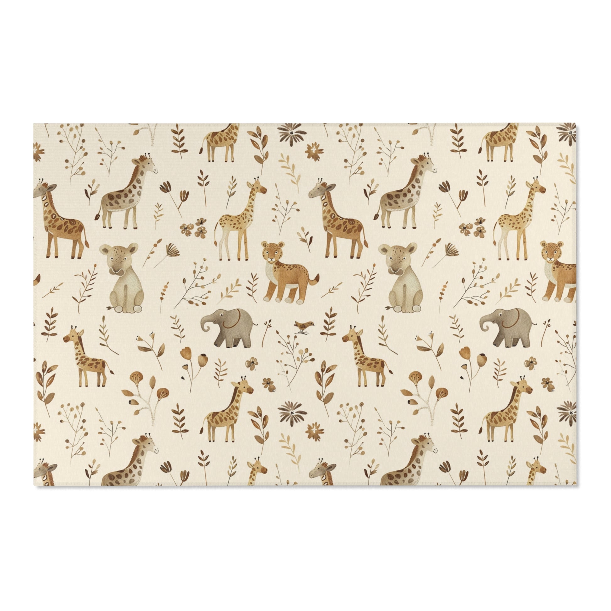 Low pile nursery rug with giraffes, elephants and cubs