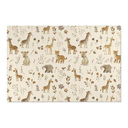 Low pile nursery rug with giraffes, elephants and cubs