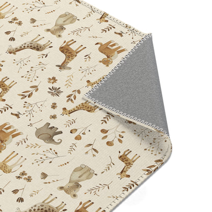 Nursery area rug printed edge to edge with safari animals