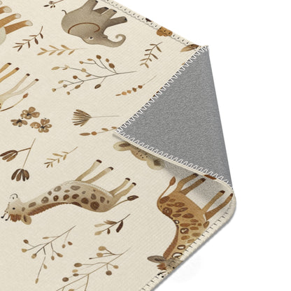 Safari rug in tan and brown on cream for a nursery floor