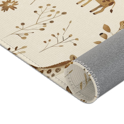 Nursery area rug in a tan, brown and cream palette
